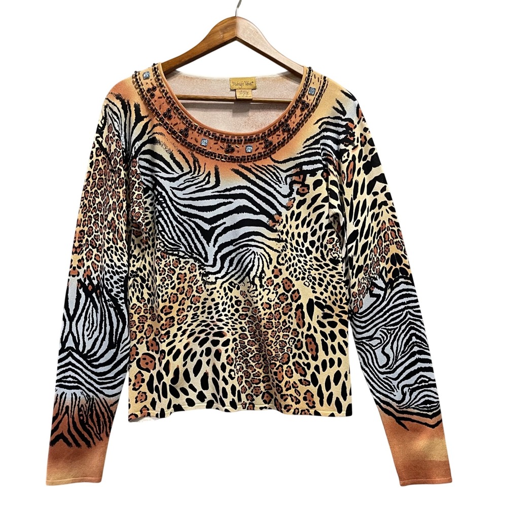 Midnight Velvet Animal Print Sweater‎ Womens XL Brown Beaded Rhinestone Eclectic